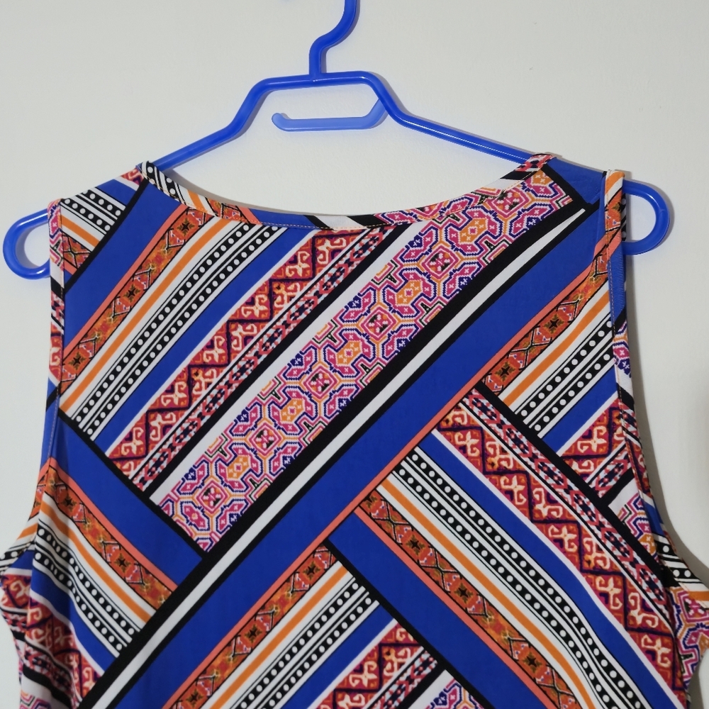 Nina Leonard XL Sleeveless Geometric Print Tank Top Blue Orange Matte Jersey EUC - Picture 6 of 10